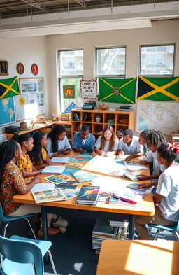 A classroom setting featuring a diverse group of high school students engaging in a project about cultural diversity in the Caribbean region