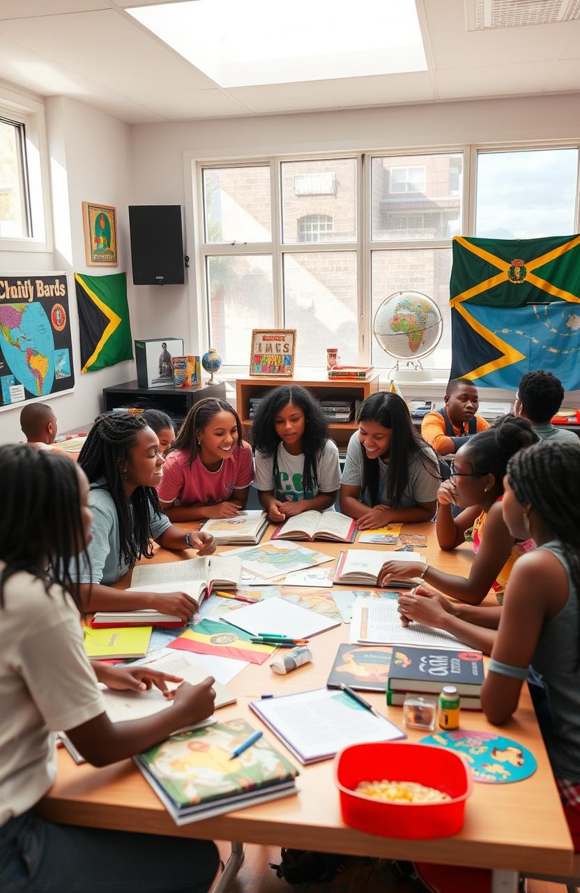 A classroom setting featuring a diverse group of high school students engaging in a project about cultural diversity in the Caribbean region