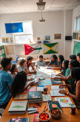 A classroom setting featuring a diverse group of high school students engaging in a project about cultural diversity in the Caribbean region