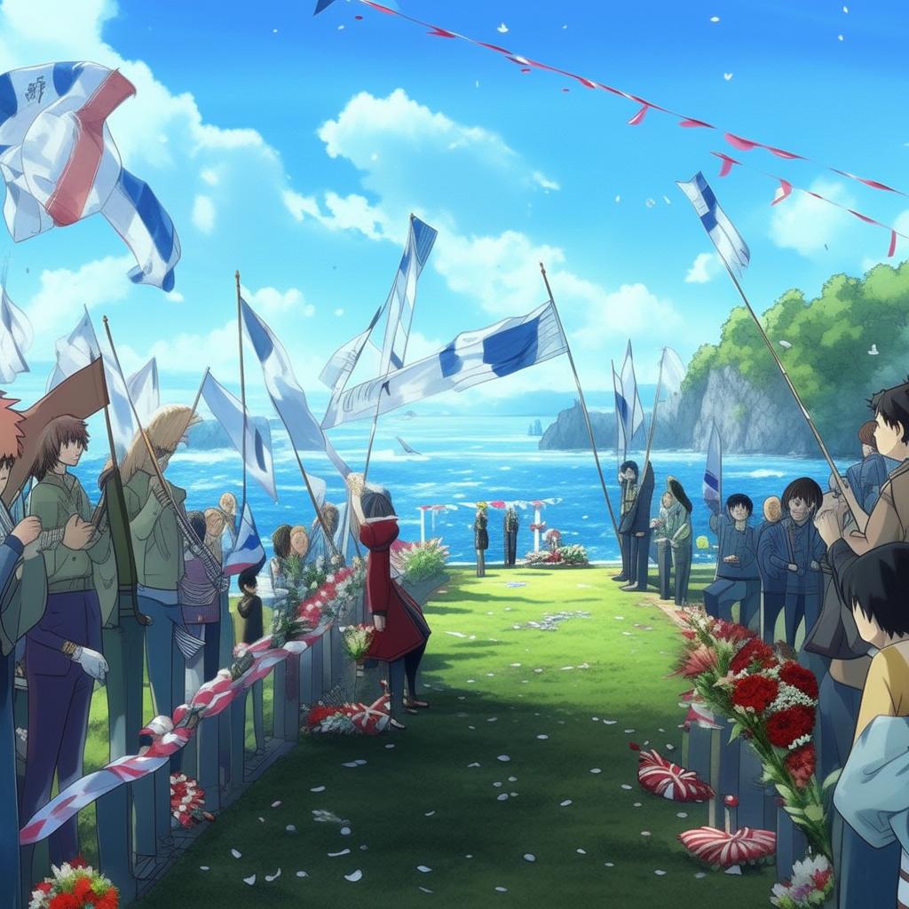 Continuing the Makoto Shinkai-themed illustration from the poem, depicting a scene where people are honoring the fallen captain. They are raising flags, playing bugles, laying bouquets and ribboned wreaths, with eager faces turned towards the sea.