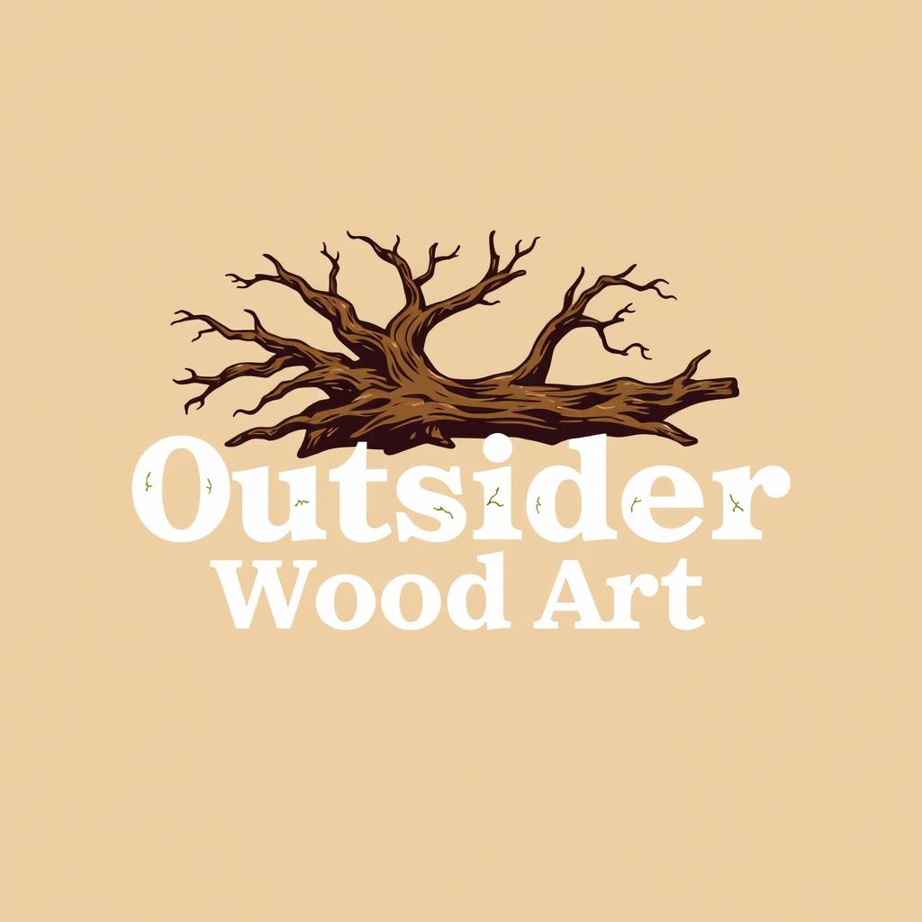 A logo design for a woodworking business named 'Outsider Wood Art', featuring a stylized illustration of a fallen tree