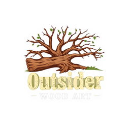A logo design for a woodworking business named 'Outsider Wood Art', featuring a stylized illustration of a fallen tree