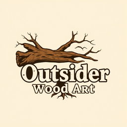 A logo design for a woodworking business named 'Outsider Wood Art', featuring a stylized illustration of a fallen tree
