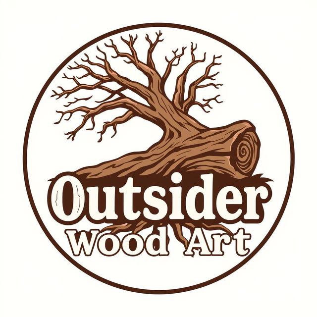 A logo design for a woodworking business named 'Outsider Wood Art', featuring a stylized illustration of a fallen tree