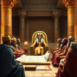 A majestic scene of Pharaoh Khufu seated on an ornate throne inside his lavish palace, surrounded by advisors and dignitaries dressed in ancient Egyptian attire
