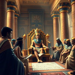 A majestic scene of Pharaoh Khufu seated on an ornate throne inside his lavish palace, surrounded by advisors and dignitaries dressed in ancient Egyptian attire