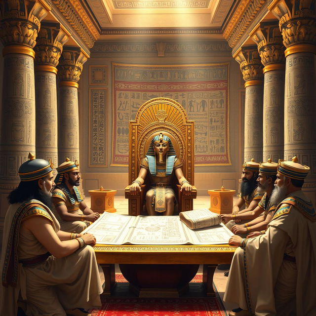 A majestic scene of Pharaoh Khufu seated on an ornate throne inside his lavish palace, surrounded by advisors and dignitaries dressed in ancient Egyptian attire