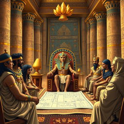 A majestic scene of Pharaoh Khufu seated on an ornate throne inside his lavish palace, surrounded by advisors and dignitaries dressed in ancient Egyptian attire