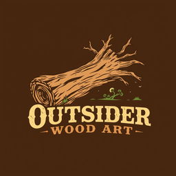 A logo design for a woodworking business named 'Outsider Wood Art', featuring a stylized illustration of a fallen tree in an Old West style
