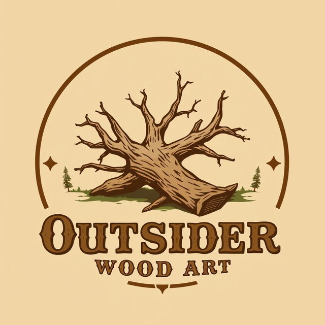 A logo design for a woodworking business named 'Outsider Wood Art', featuring a stylized illustration of a fallen tree in an Old West style