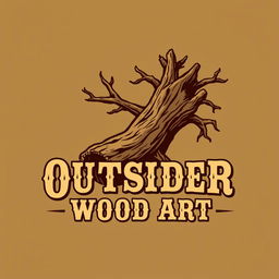 A logo design for a woodworking business named 'Outsider Wood Art', featuring a stylized illustration of a fallen tree in an Old West style