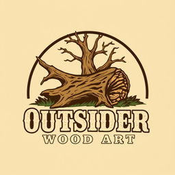 A logo design for a woodworking business named 'Outsider Wood Art', featuring a stylized illustration of a fallen tree in an Old West style