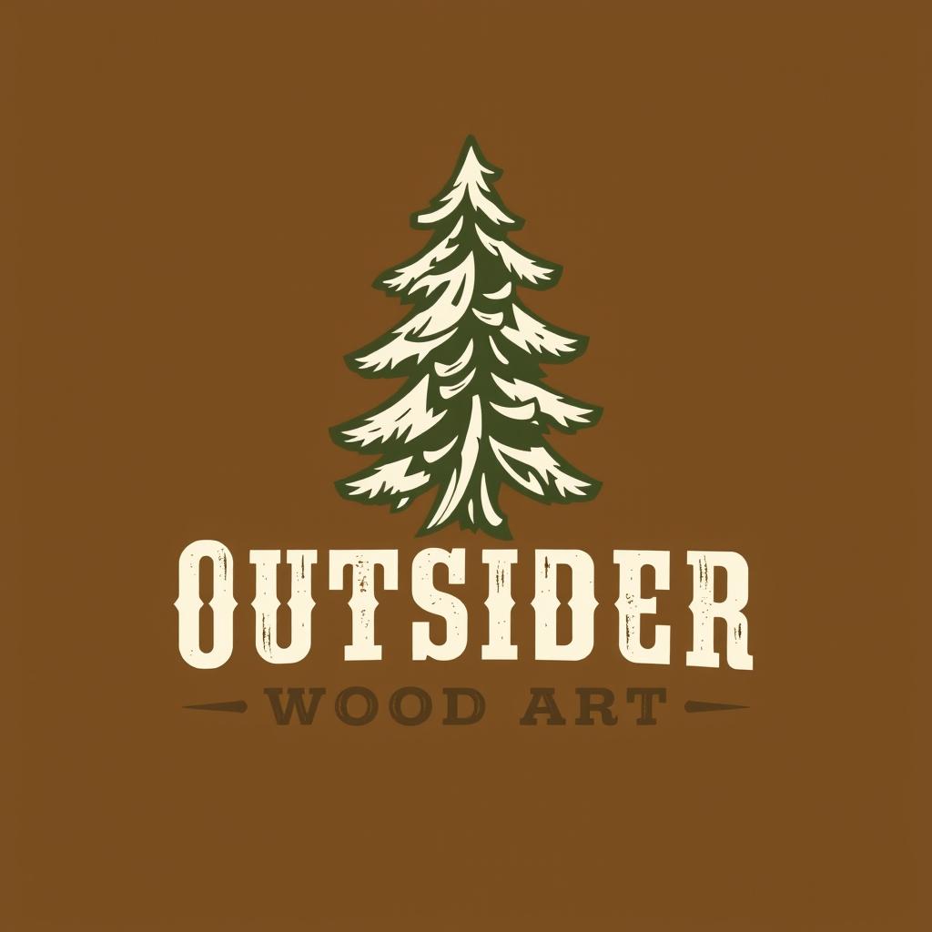 A logo design for a woodworking business named 'Outsider Wood Art', featuring a stylized illustration of a pine tree in an Old West style