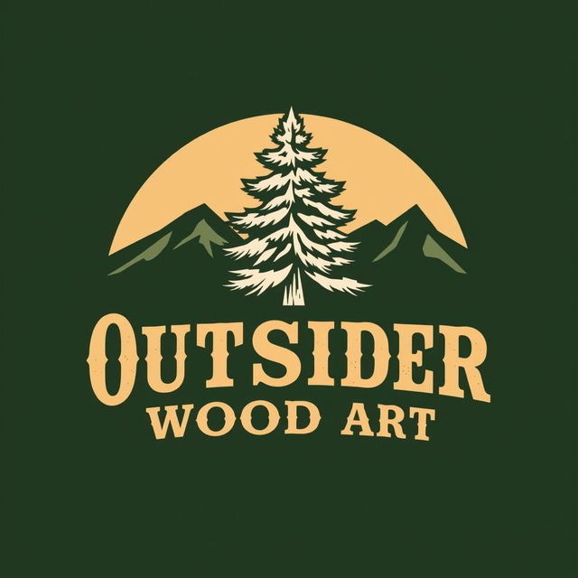 A logo design for a woodworking business named 'Outsider Wood Art', featuring a stylized illustration of a pine tree in an Old West style