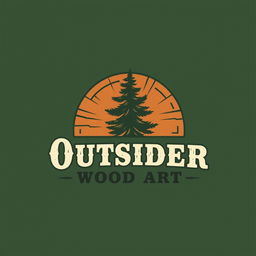 A logo design for a woodworking business named 'Outsider Wood Art', featuring a stylized illustration of a pine tree in an Old West style