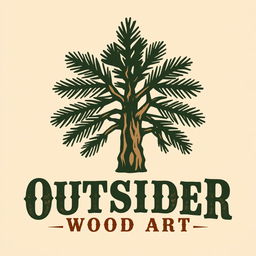 A logo design for a woodworking business named 'Outsider Wood Art', featuring a stylized illustration of a pine tree in an Old West style