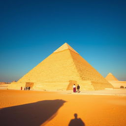 A breathtaking view of the Great Pyramid of Giza under a clear blue sky, showcasing its massive scale and iconic triangular shape