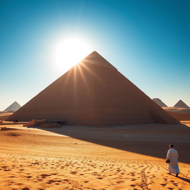 A breathtaking view of the Great Pyramid of Giza under a clear blue sky, showcasing its massive scale and iconic triangular shape