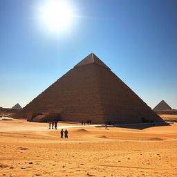 A breathtaking view of the Great Pyramid of Giza under a clear blue sky, showcasing its massive scale and iconic triangular shape