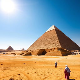 A breathtaking view of the Great Pyramid of Giza under a clear blue sky, showcasing its massive scale and iconic triangular shape