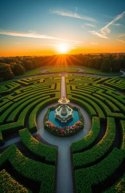 A stunning aerial view of a large, intricate labyrinth made of lush green hedges