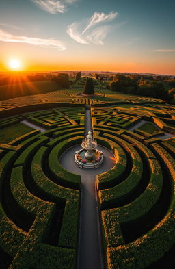 A stunning aerial view of a large, intricate labyrinth made of lush green hedges
