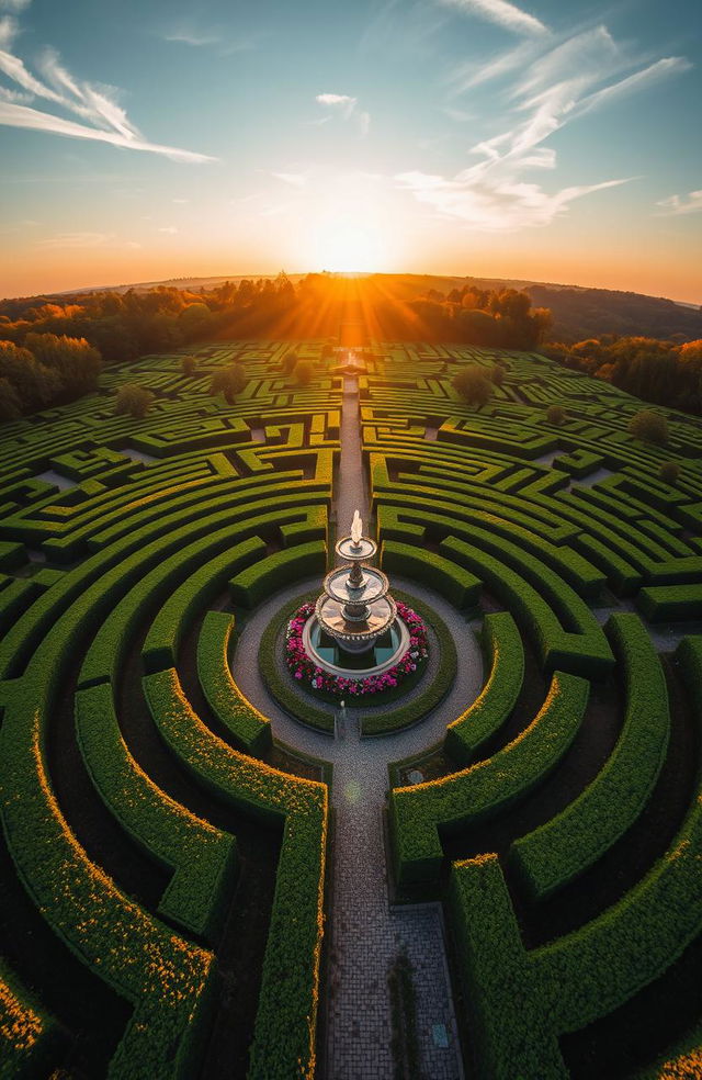 A stunning aerial view of a large, intricate labyrinth made of lush green hedges