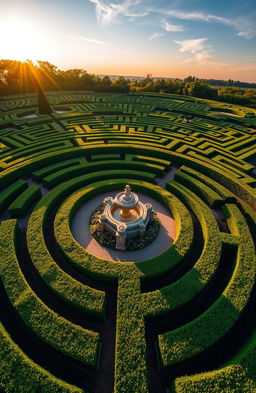 A stunning aerial view of a large, intricate labyrinth made of lush green hedges