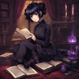 Gothic girl in Jujutsu Kaisen art style with black hair, violet eyes, Victorian dress, velvet coat, striped stockings, platform boots, holding an ornate grimoire in a dimly lit room