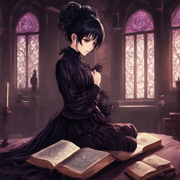 Gothic girl in Jujutsu Kaisen art style with black hair, violet eyes, Victorian dress, velvet coat, striped stockings, platform boots, holding an ornate grimoire in a dimly lit room