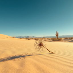 A serene desert landscape featuring a single tumbleweed rolling across the sandy ground under a vast blue sky