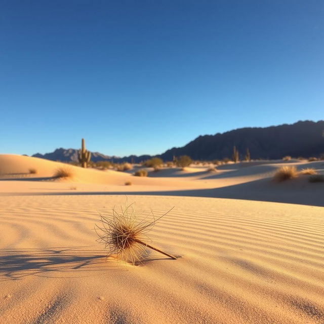 A serene desert landscape featuring a single tumbleweed rolling across the sandy ground under a vast blue sky