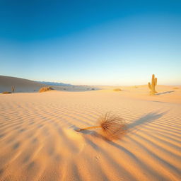 A serene desert landscape featuring a single tumbleweed rolling across the sandy ground under a vast blue sky