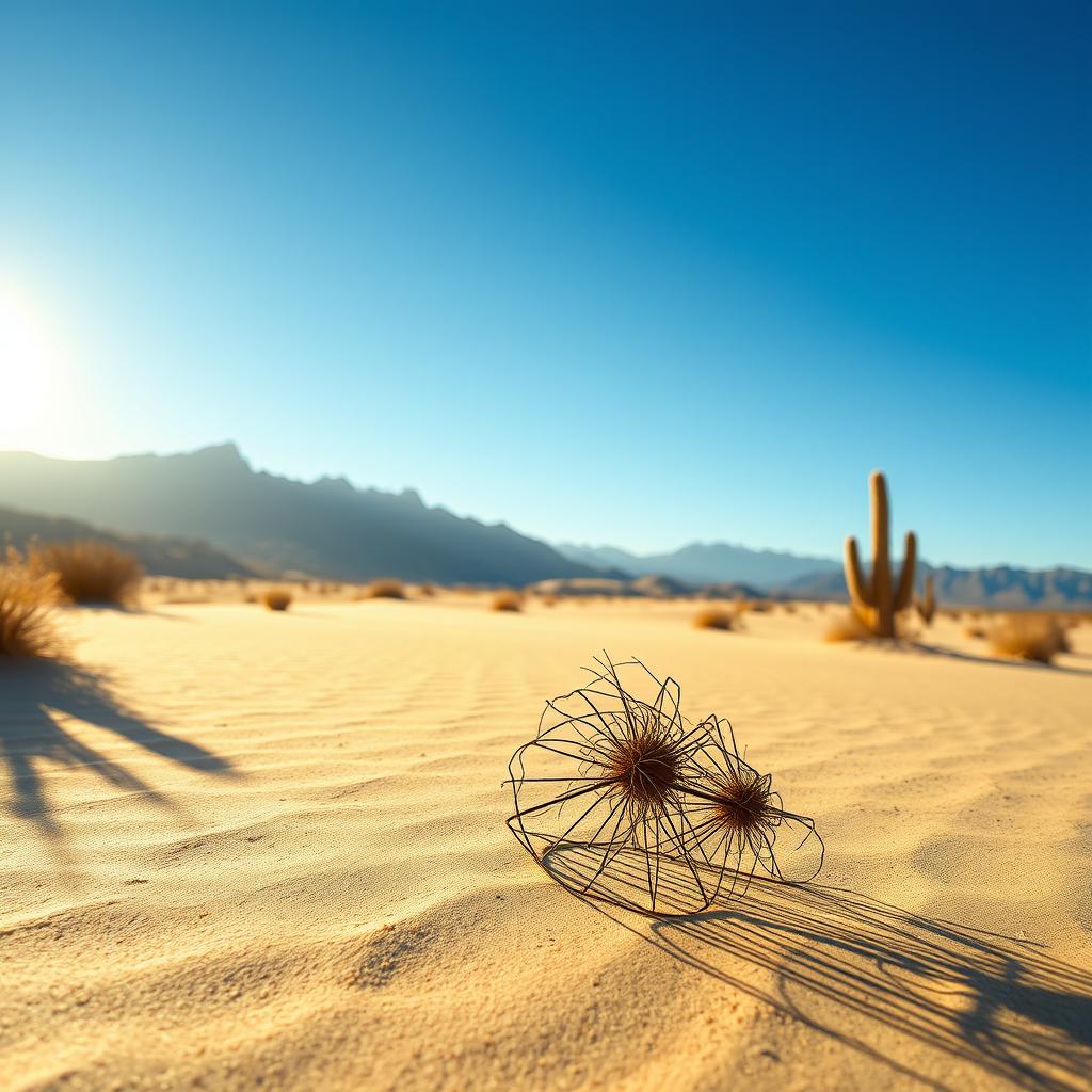 A serene desert landscape featuring a single tumbleweed rolling across the sandy ground under a vast blue sky