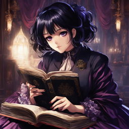 Gothic girl in Jujutsu Kaisen art style with black hair, violet eyes, Victorian dress, velvet coat, striped stockings, platform boots, holding an ornate grimoire in a dimly lit room