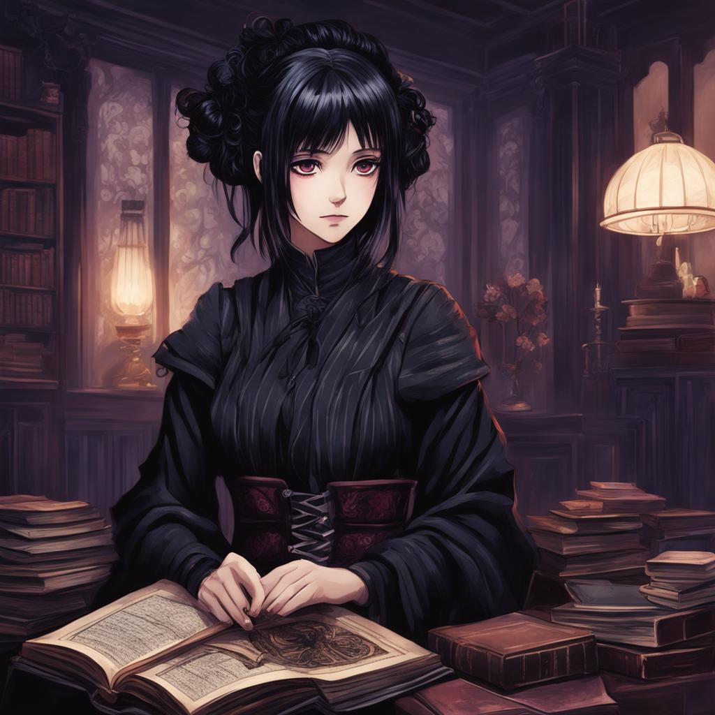 Gothic girl in Jujutsu Kaisen art style with black hair, violet eyes, Victorian dress, velvet coat, striped stockings, platform boots, holding an ornate grimoire in a dimly lit room