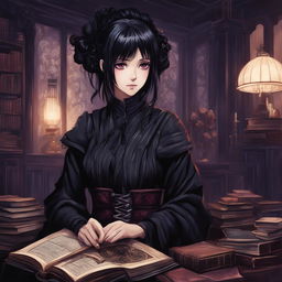 Gothic girl in Jujutsu Kaisen art style with black hair, violet eyes, Victorian dress, velvet coat, striped stockings, platform boots, holding an ornate grimoire in a dimly lit room