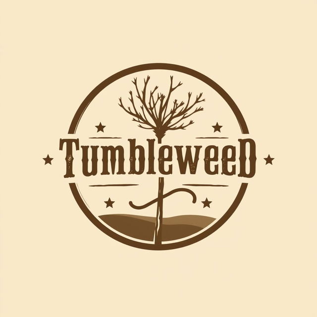 A minimalist logo design for 'Tumbleweed' in an Old West style, featuring a stylized tumbleweed illustration with rustic, weathered textures