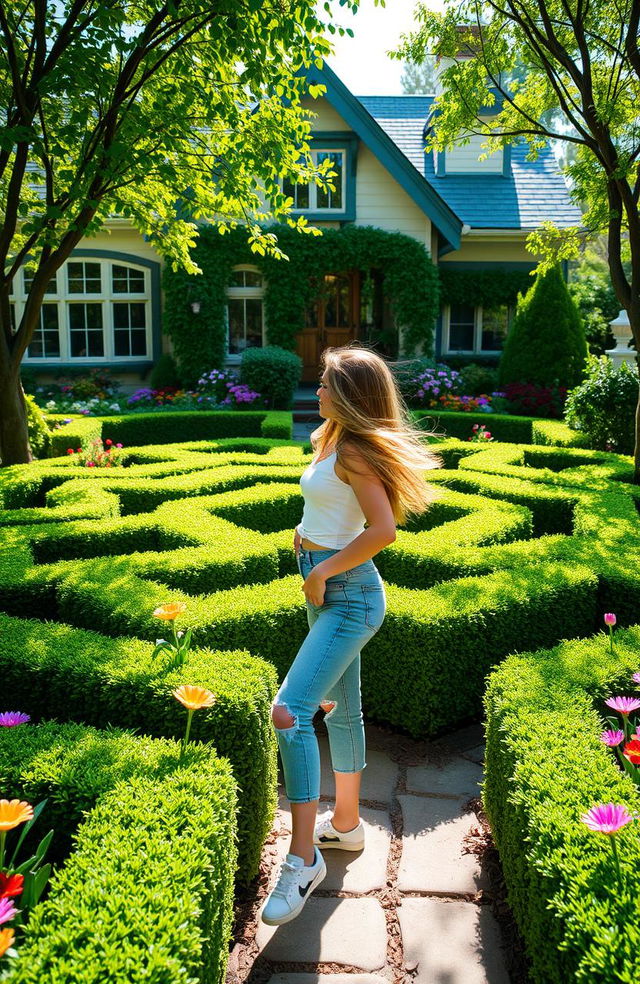 A young woman standing in a beautifully designed house that features a complex and intriguing maze in the garden