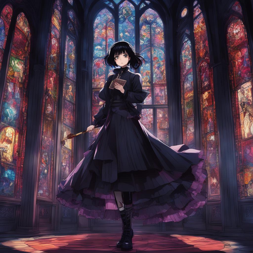 Gothic girl in Jujutsu Kaisen art style with black hair, violet eyes, Victorian dress, velvet coat, striped stockings, platform boots, holding an ornate grimoire in a dimly lit room with a large stained glass window casting colorful shadows