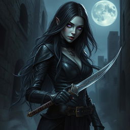 A shadar-kai rogue woman, emanating an aura of mystery and stealth, adorned in dark, elegant leather armor that contours her agile figure
