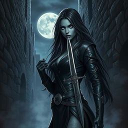 A shadar-kai rogue woman, emanating an aura of mystery and stealth, adorned in dark, elegant leather armor that contours her agile figure