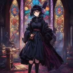 Gothic girl in Jujutsu Kaisen art style with black hair, violet eyes, Victorian dress, velvet coat, striped stockings, platform boots, holding an ornate grimoire in a dimly lit room with a large stained glass window casting colorful shadows