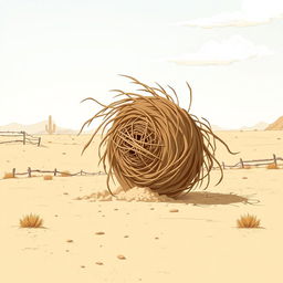 A captivating illustration of a rolling tumbleweed in an Old West setting, showcasing the tumbleweed as it gracefully moves across a dusty desert landscape