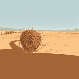 A captivating illustration of a rolling tumbleweed in an Old West setting, showcasing the tumbleweed as it gracefully moves across a dusty desert landscape