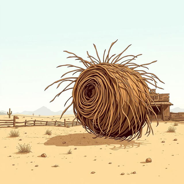 A captivating illustration of a rolling tumbleweed in an Old West setting, showcasing the tumbleweed as it gracefully moves across a dusty desert landscape