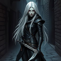 A shadar-kai rogue woman with ash gray skin and striking long white hair cascading down her back