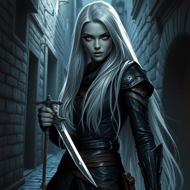 A shadar-kai rogue woman with ash gray skin and striking long white hair cascading down her back