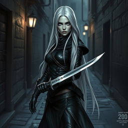 A shadar-kai rogue woman with ash gray skin and striking long white hair cascading down her back