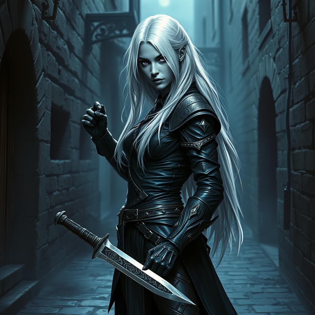 A shadar-kai rogue woman with ash gray skin and striking long white hair cascading down her back